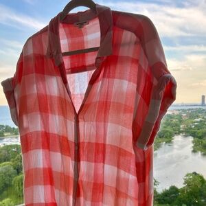 Beach Lunch Lounge Flannel Top – Pink & White Gingham, Size Large